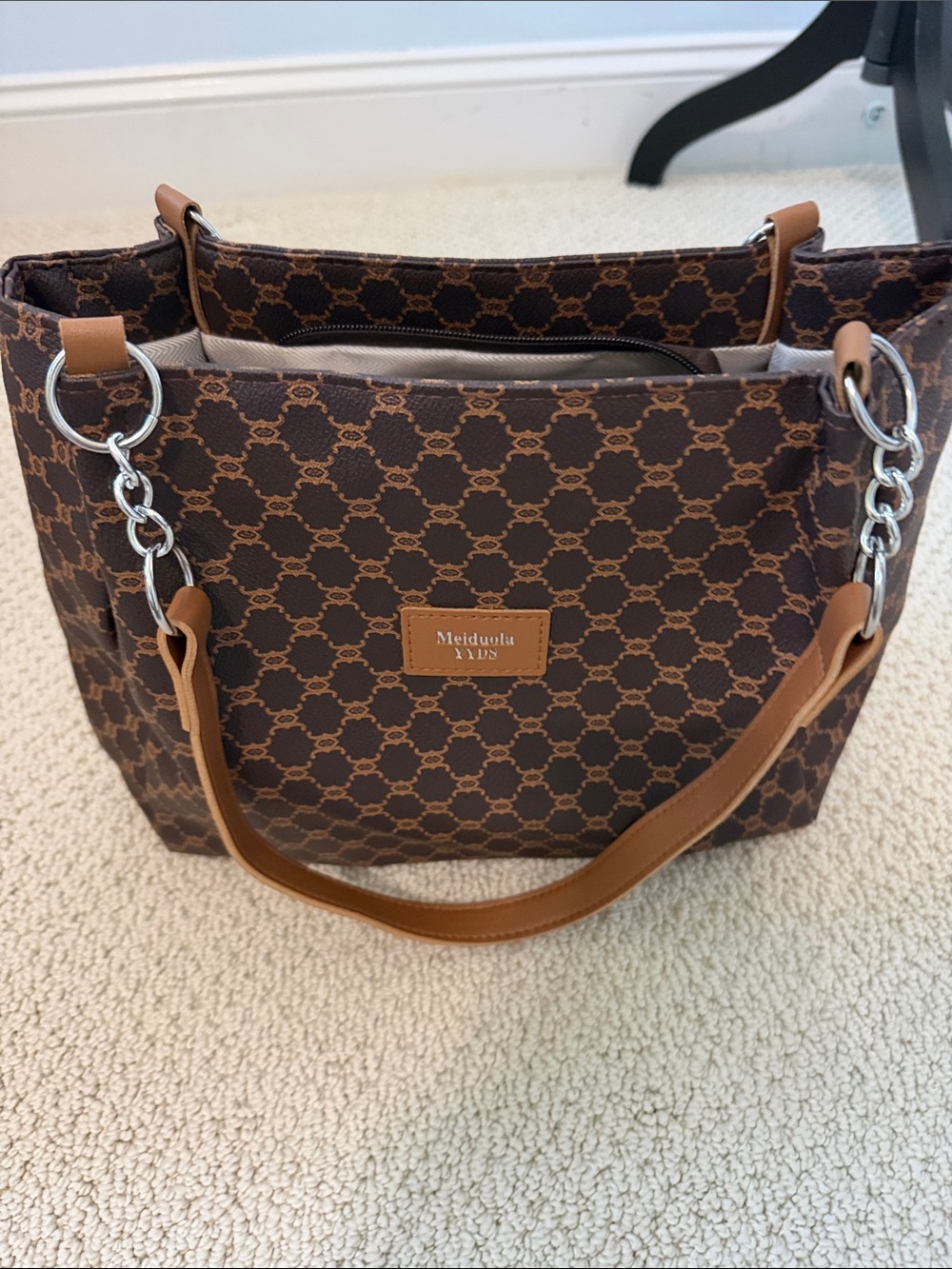 Brown Patterned Tote with Tan Handles